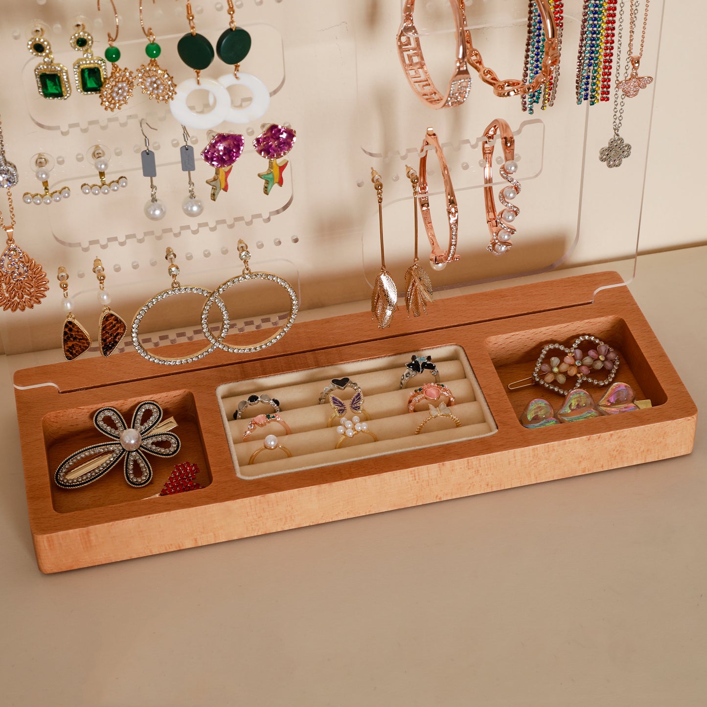 TIOPGHAD 114 Holes Jewelry Display Holder Stand, Earring Acrylic Organizer with Wooden Tray Necklace Tree Towers Rack Ring Holder for Jewellery Stud Earrings Bracelets Rings(Natural wood)