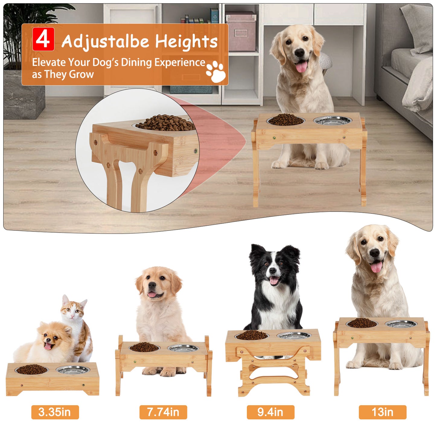 TIOPGHAD Elevated Dog Bowls 4 Height Adjustable Raised, Bamboo Dog Bowl Stand Feeder Set with 2 Food Water Bowls Feeding Station Stainless Steel Pet Dish with Stand for Small Medium Large Dogs CatsâŠ