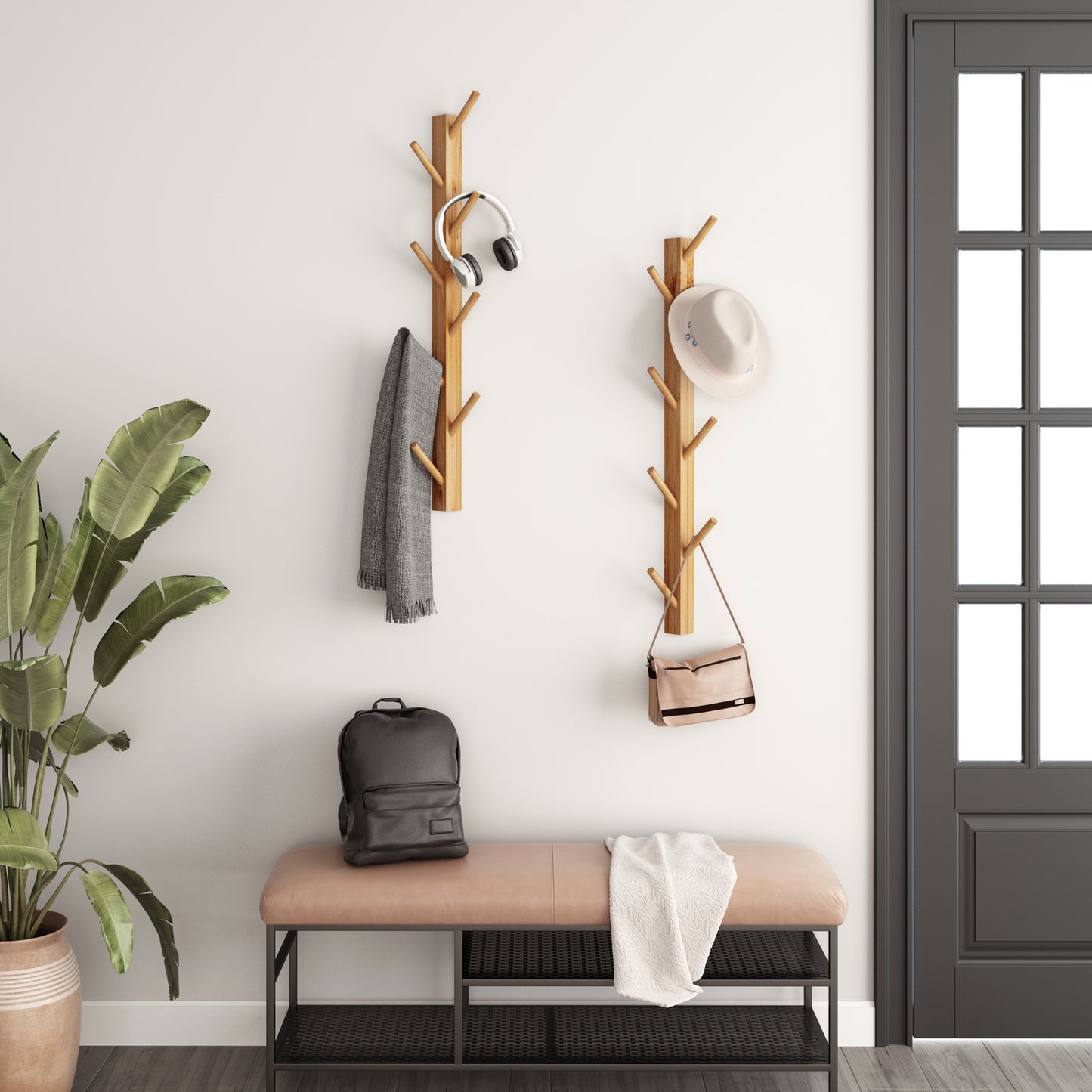 TIOPGHAD Wood-Wall-Mounted-Coat-Hooks, Bamboo Vertical Coats Rack Holder Hanger with 8 Hooks Entryway Hanging Wooden Racks for Hanging Jacket Coat Hat in Entryway Office Bathroom(2-Pack)