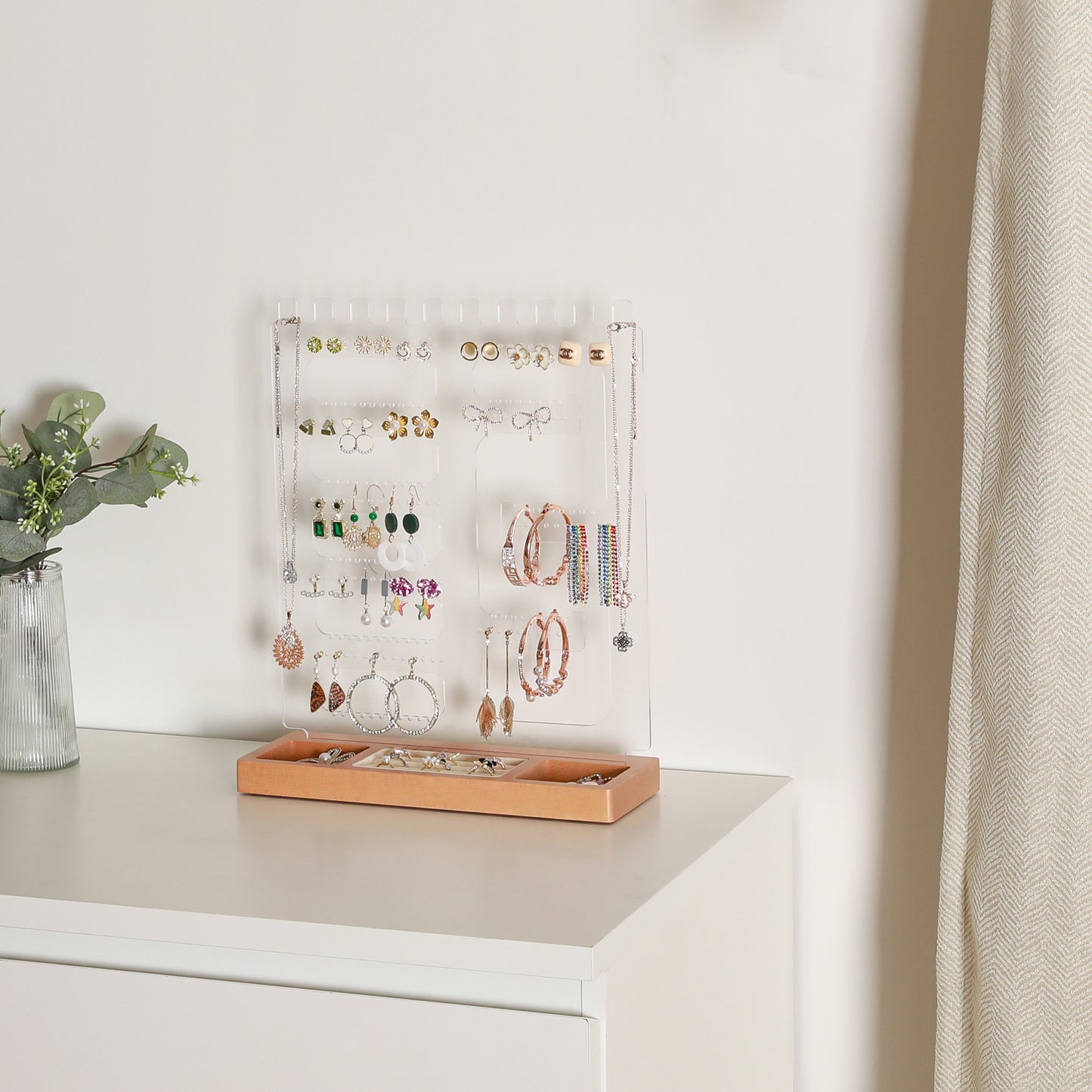 TIOPGHAD 114 Holes Jewelry Display Holder Stand, Earring Acrylic Organizer with Wooden Tray Necklace Tree Towers Rack Ring Holder for Jewellery Stud Earrings Bracelets Rings(Natural wood)