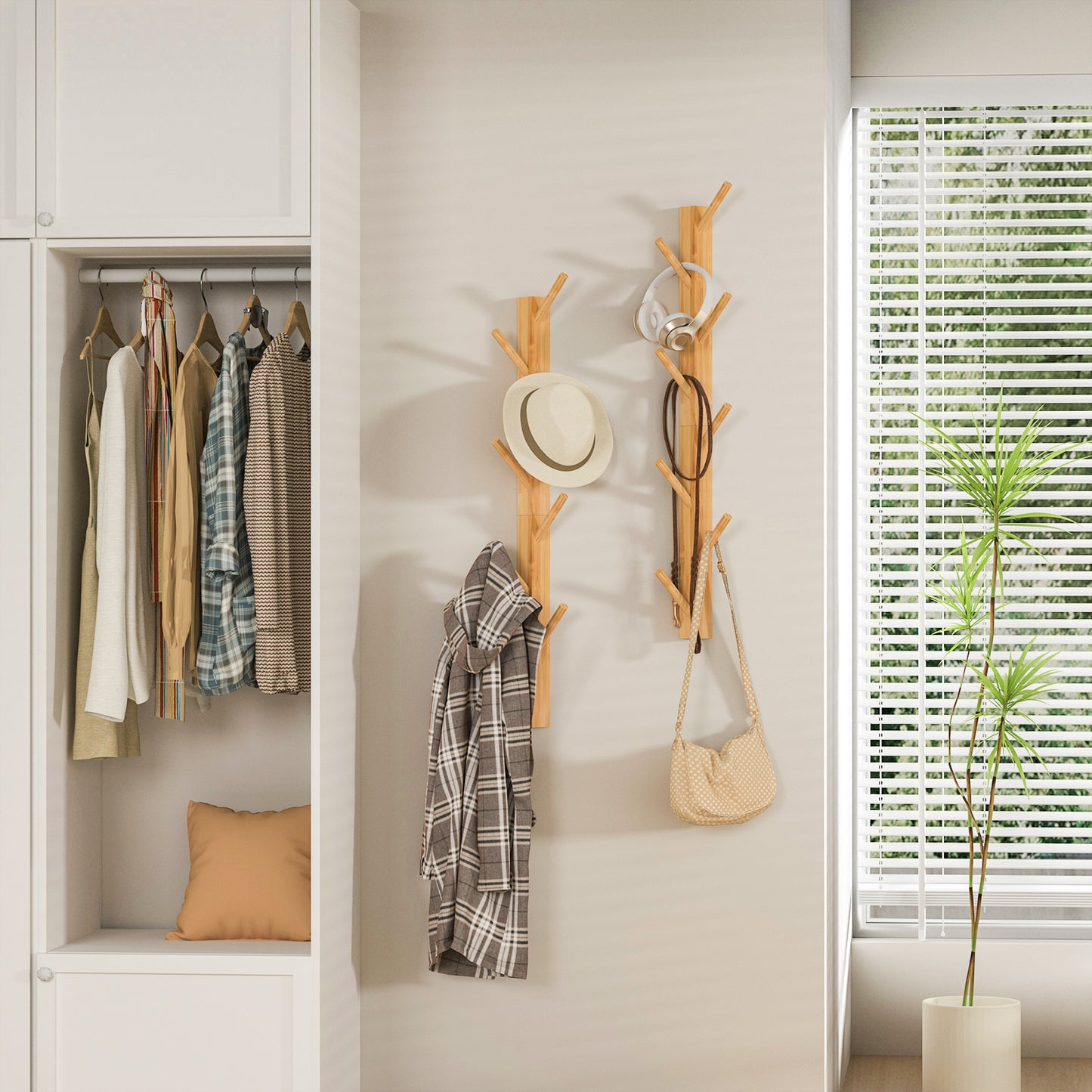 TIOPGHAD Wood-Wall-Mounted-Coat-Hooks, Bamboo Vertical Coats Rack Holder Hanger with 8 Hooks Entryway Hanging Wooden Racks for Hanging Jacket Coat Hat in Entryway Office Bathroom(2-Pack)