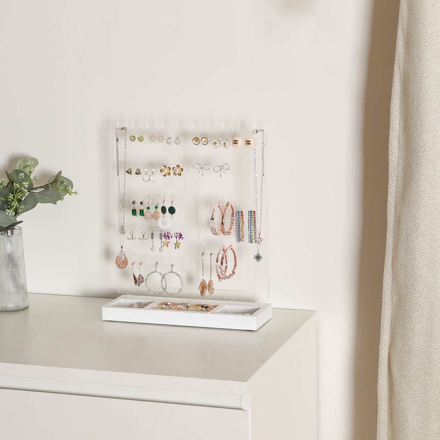 TIOPGHAD 114 Holes Jewelry Display Holder Stand, Earring Acrylic Organizer with Wooden Tray Necklace Tree Towers Rack Ring Holder for Jewellery Stud Earrings Bracelets Rings(White)