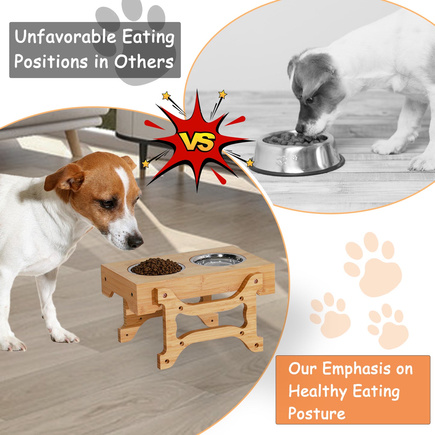 TIOPGHAD Elevated Dog Bowls 4 Height Adjustable Raised, Bamboo Dog Bowl Stand Feeder Set with 2 Food Water Bowls Feeding Station Stainless Steel Pet Dish with Stand for Small Medium Large Dogs CatsâŠ