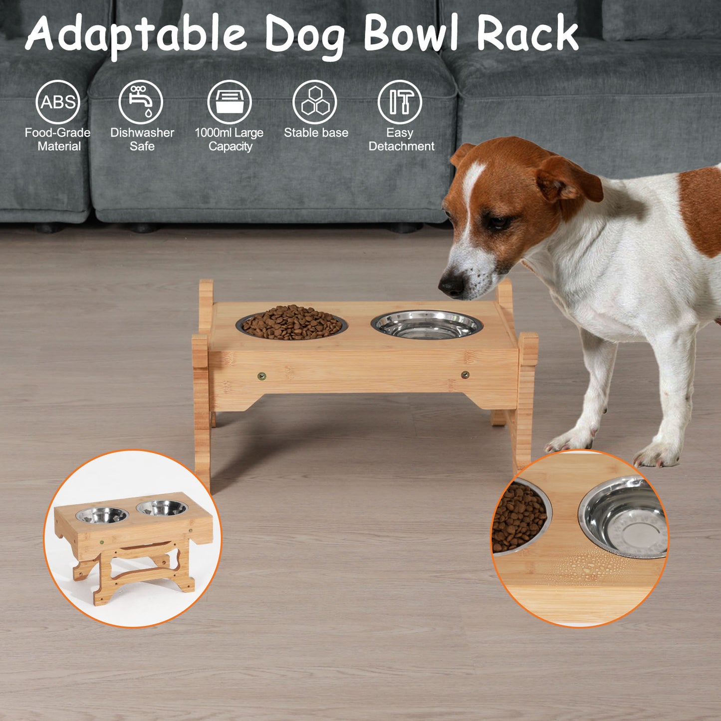 TIOPGHAD Elevated Dog Bowls 4 Height Adjustable Raised, Bamboo Dog Bowl Stand Feeder Set with 2 Food Water Bowls Feeding Station Stainless Steel Pet Dish with Stand for Small Medium Large Dogs CatsâŠ