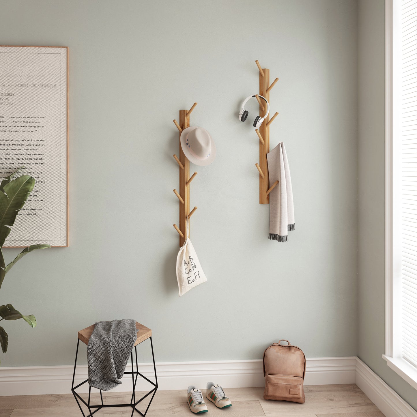 TIOPGHAD Wood-Wall-Mounted-Coat-Hooks, Bamboo Vertical Coats Rack Holder Hanger with 8 Hooks Entryway Hanging Wooden Racks for Hanging Jacket Coat Hat in Entryway Office Bathroom(2-Pack)