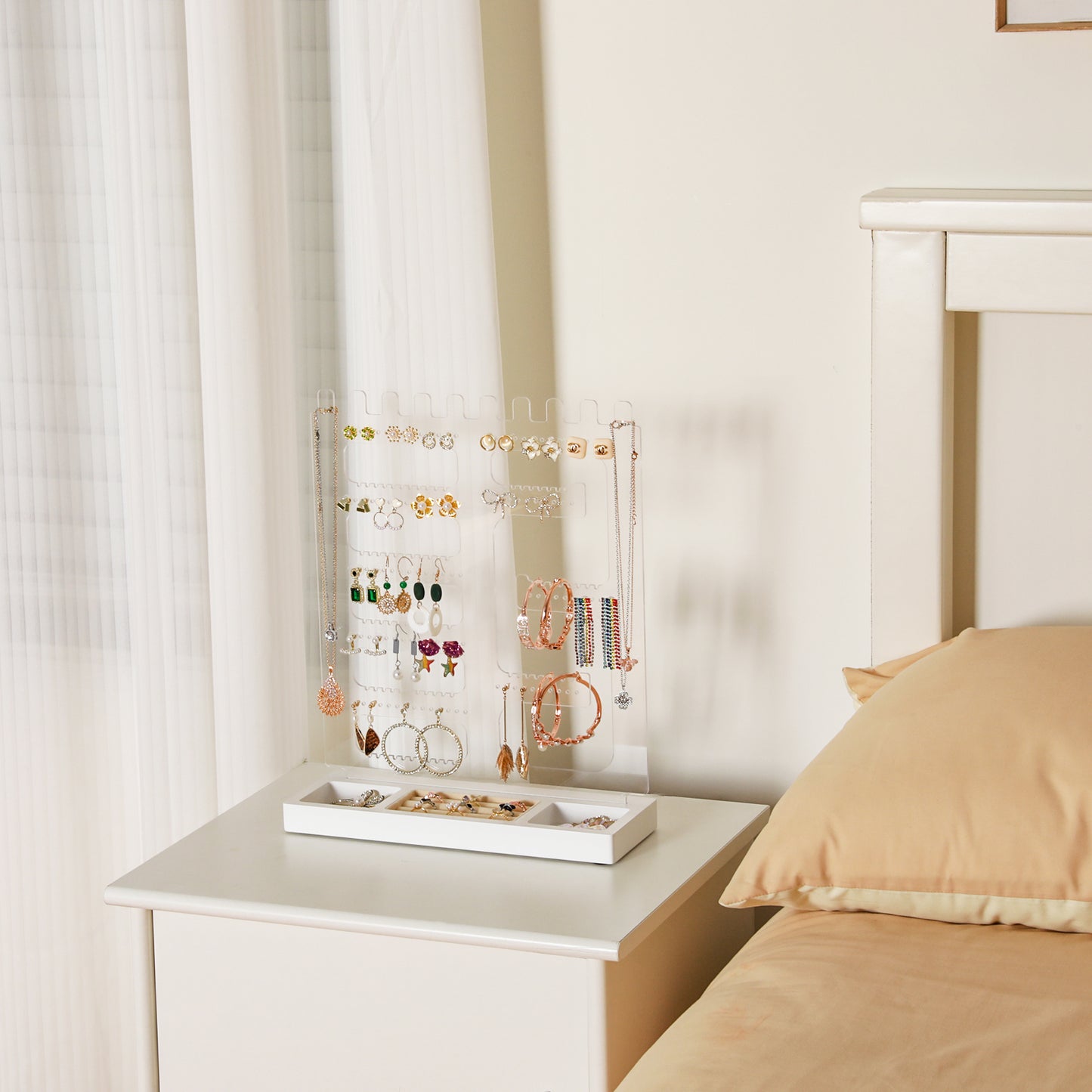 TIOPGHAD 114 Holes Jewelry Display Holder Stand, Earring Acrylic Organizer with Wooden Tray Necklace Tree Towers Rack Ring Holder for Jewellery Stud Earrings Bracelets Rings(White)