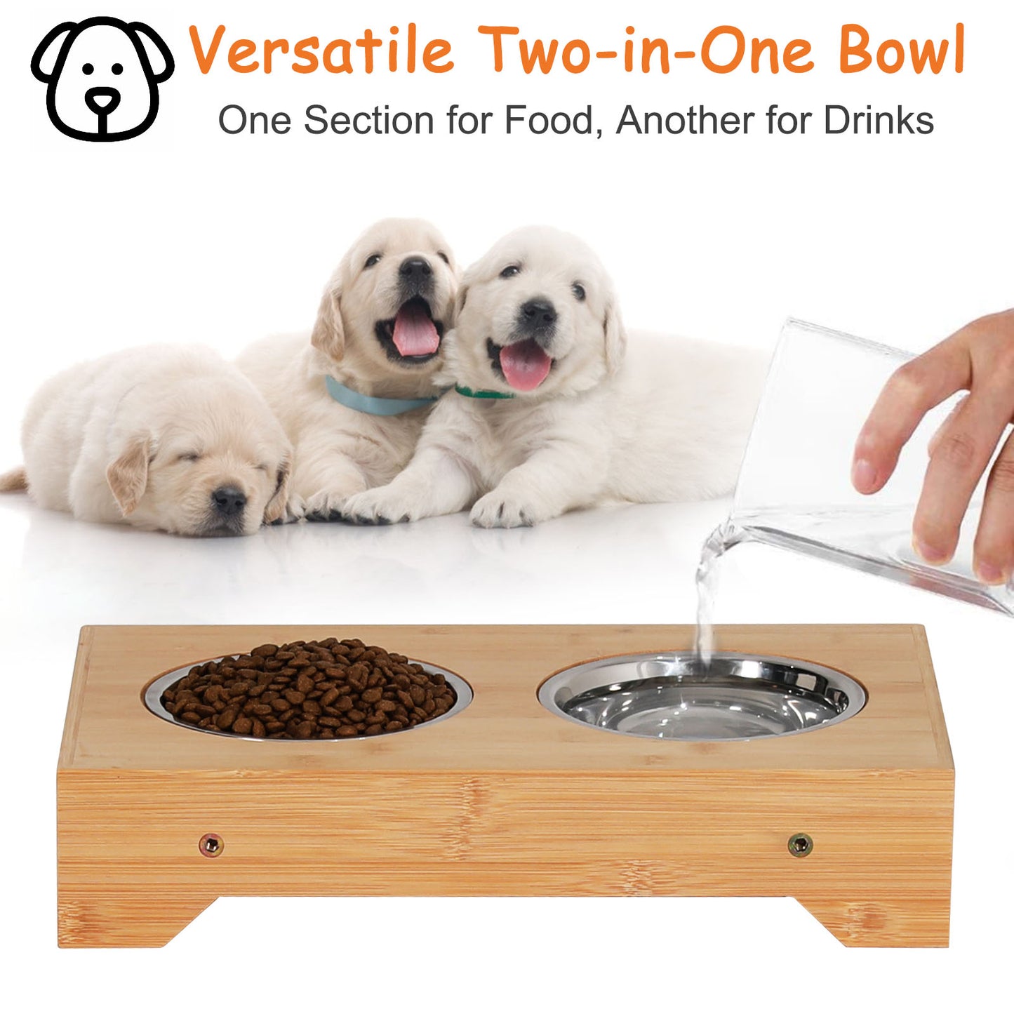 TIOPGHAD Elevated Dog Bowls 4 Height Adjustable Raised, Bamboo Dog Bowl Stand Feeder Set with 2 Food Water Bowls Feeding Station Stainless Steel Pet Dish with Stand for Small Medium Large Dogs CatsâŠ