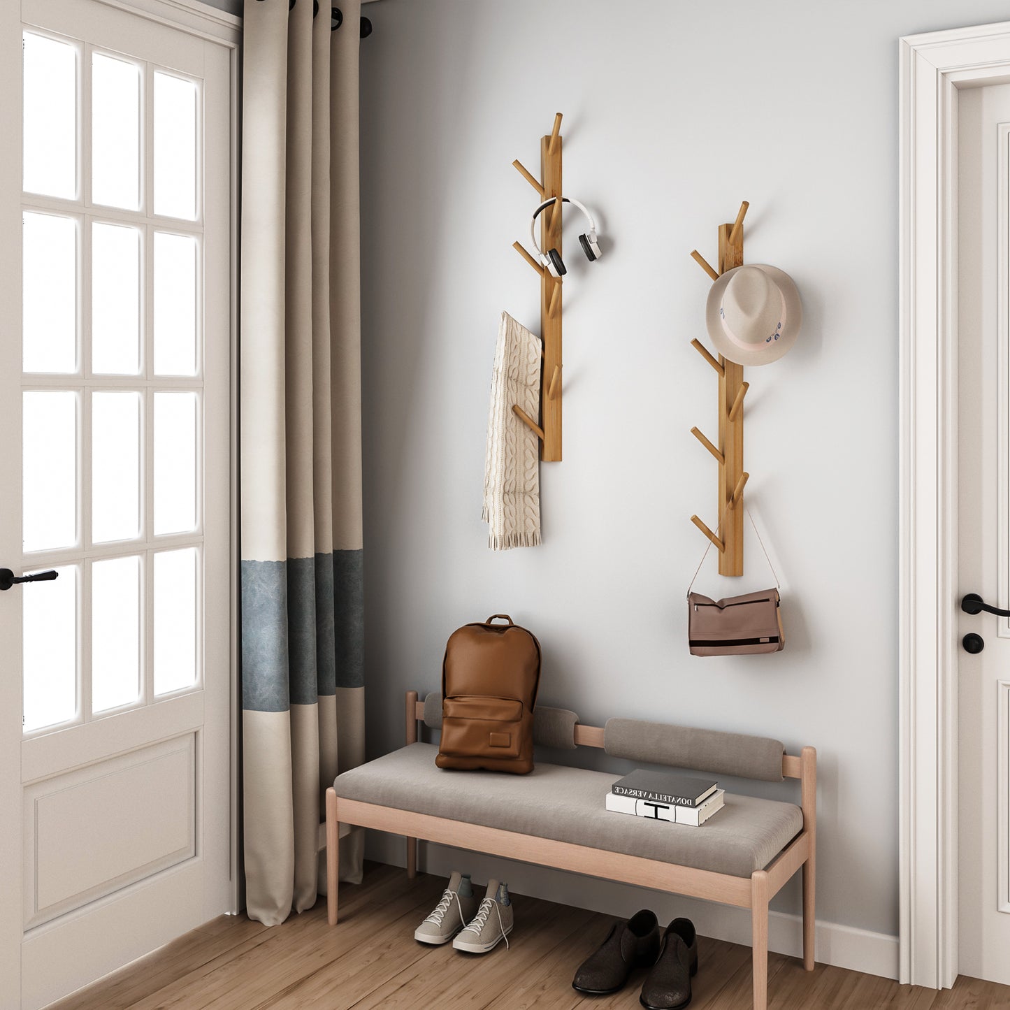 TIOPGHAD Wood-Wall-Mounted-Coat-Hooks, Bamboo Vertical Coats Rack Holder Hanger with 8 Hooks Entryway Hanging Wooden Racks for Hanging Jacket Coat Hat in Entryway Office Bathroom(2-Pack)