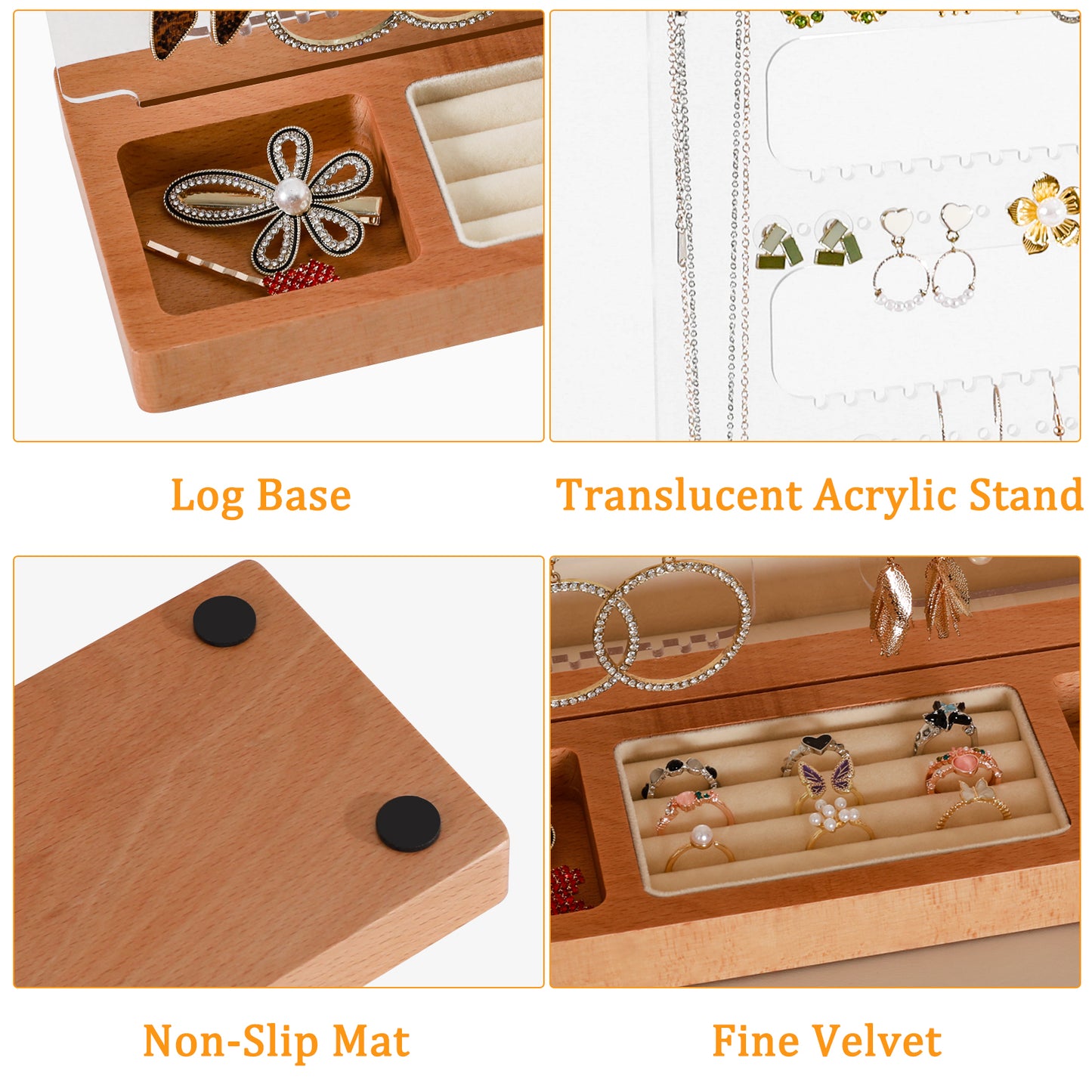 TIOPGHAD 114 Holes Jewelry Display Holder Stand, Earring Acrylic Organizer with Wooden Tray Necklace Tree Towers Rack Ring Holder for Jewellery Stud Earrings Bracelets Rings(Natural wood)