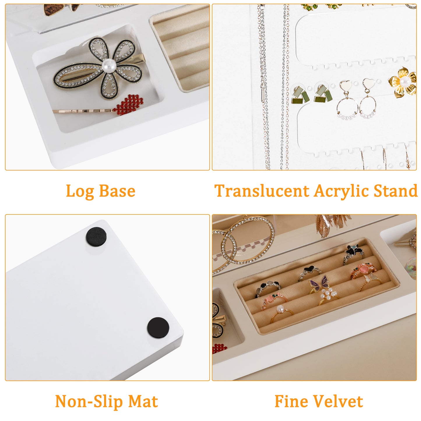 TIOPGHAD 114 Holes Jewelry Display Holder Stand, Earring Acrylic Organizer with Wooden Tray Necklace Tree Towers Rack Ring Holder for Jewellery Stud Earrings Bracelets Rings(White)