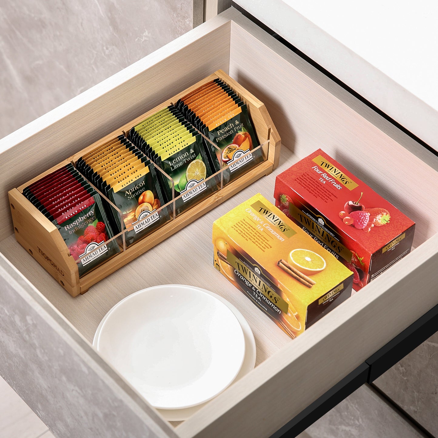 TIOPGHAD πΊππππ π©ππππ Tea Bag holder, Wood countertop tea organizer basket Storage Box tea packets organizer tea packets Caddy Rack Tea Bags Containers for Drawers Kitchen Cabinet Office