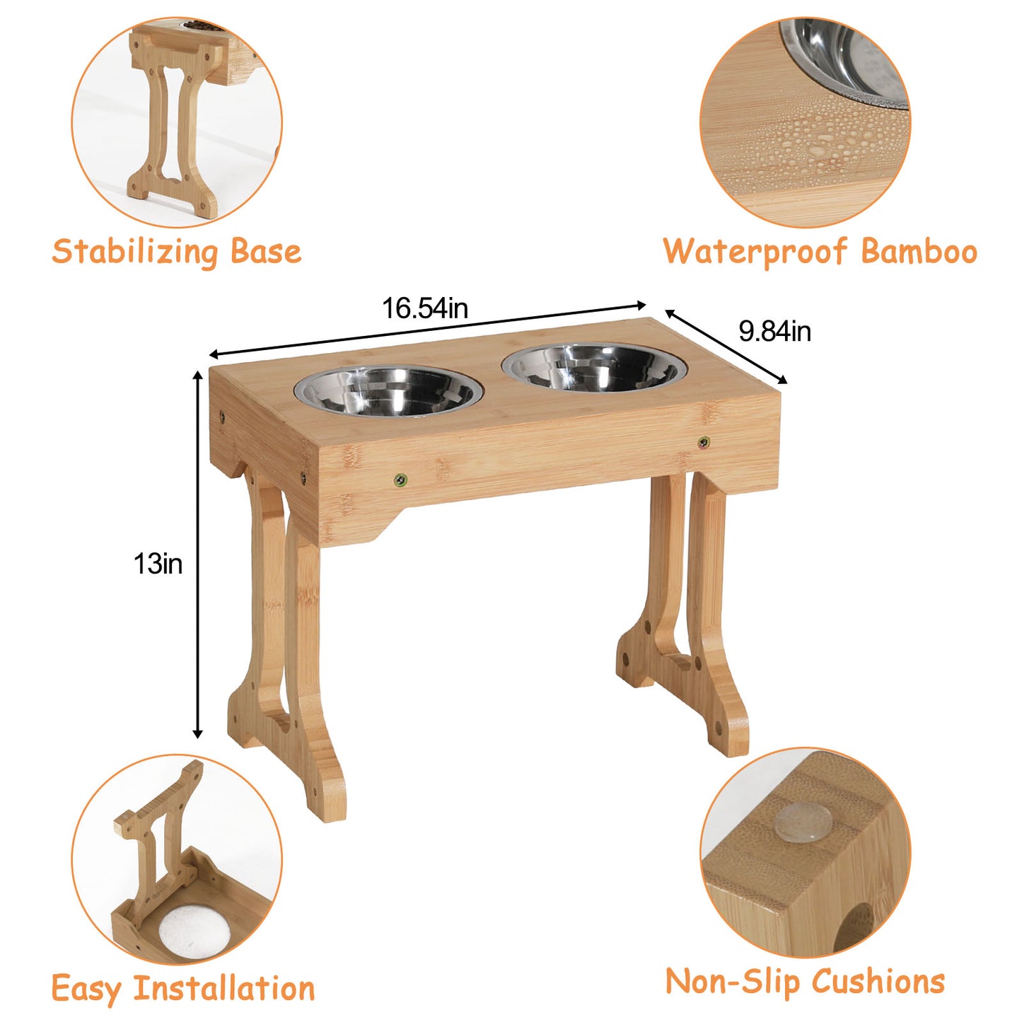 TIOPGHAD Elevated Dog Bowls 4 Height Adjustable Raised, Bamboo Dog Bowl Stand Feeder Set with 2 Food Water Bowls Feeding Station Stainless Steel Pet Dish with Stand for Small Medium Large Dogs CatsâŠ