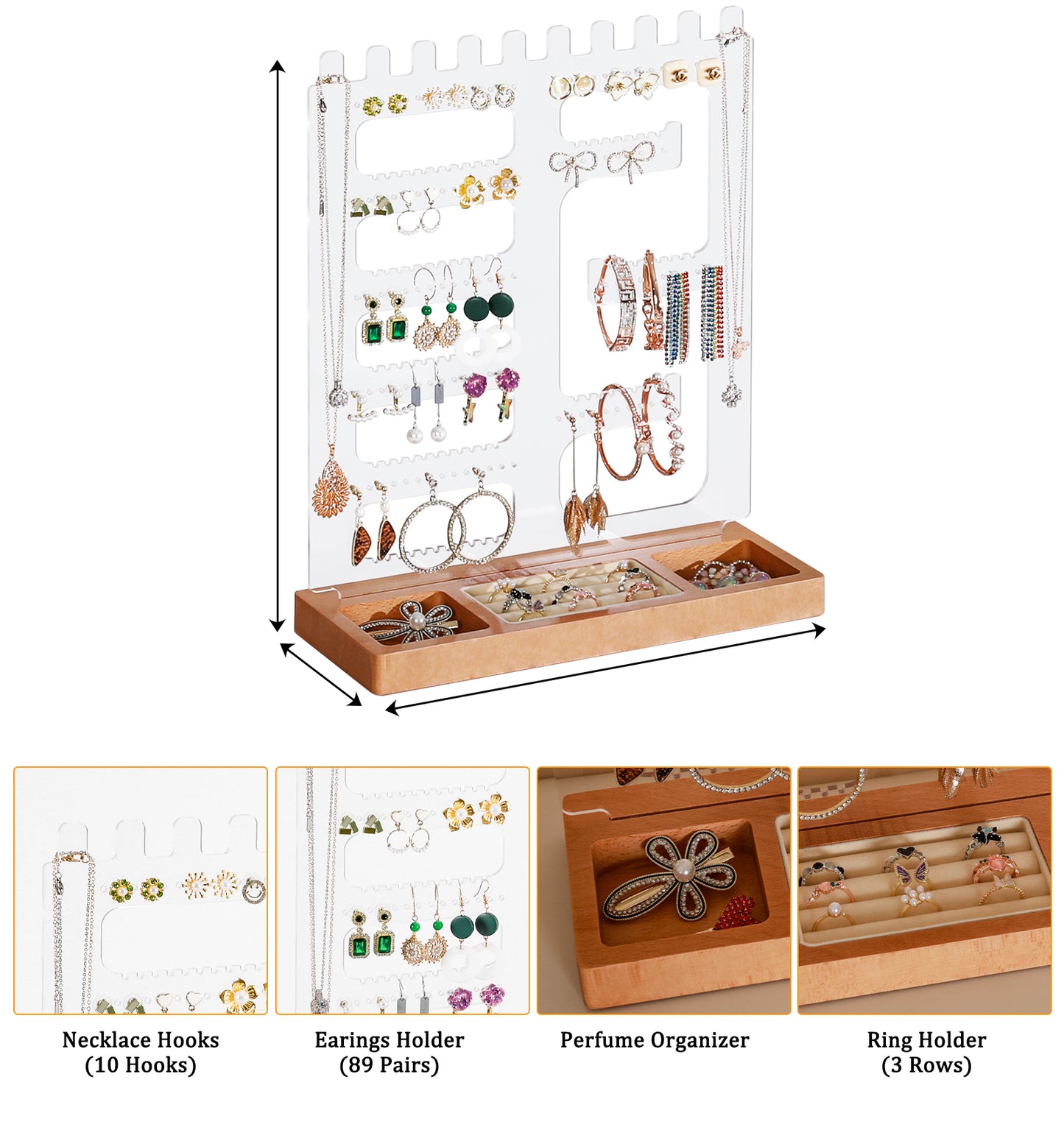 TIOPGHAD 114 Holes Jewelry Display Holder Stand, Earring Acrylic Organizer with Wooden Tray Necklace Tree Towers Rack Ring Holder for Jewellery Stud Earrings Bracelets Rings(Natural wood)