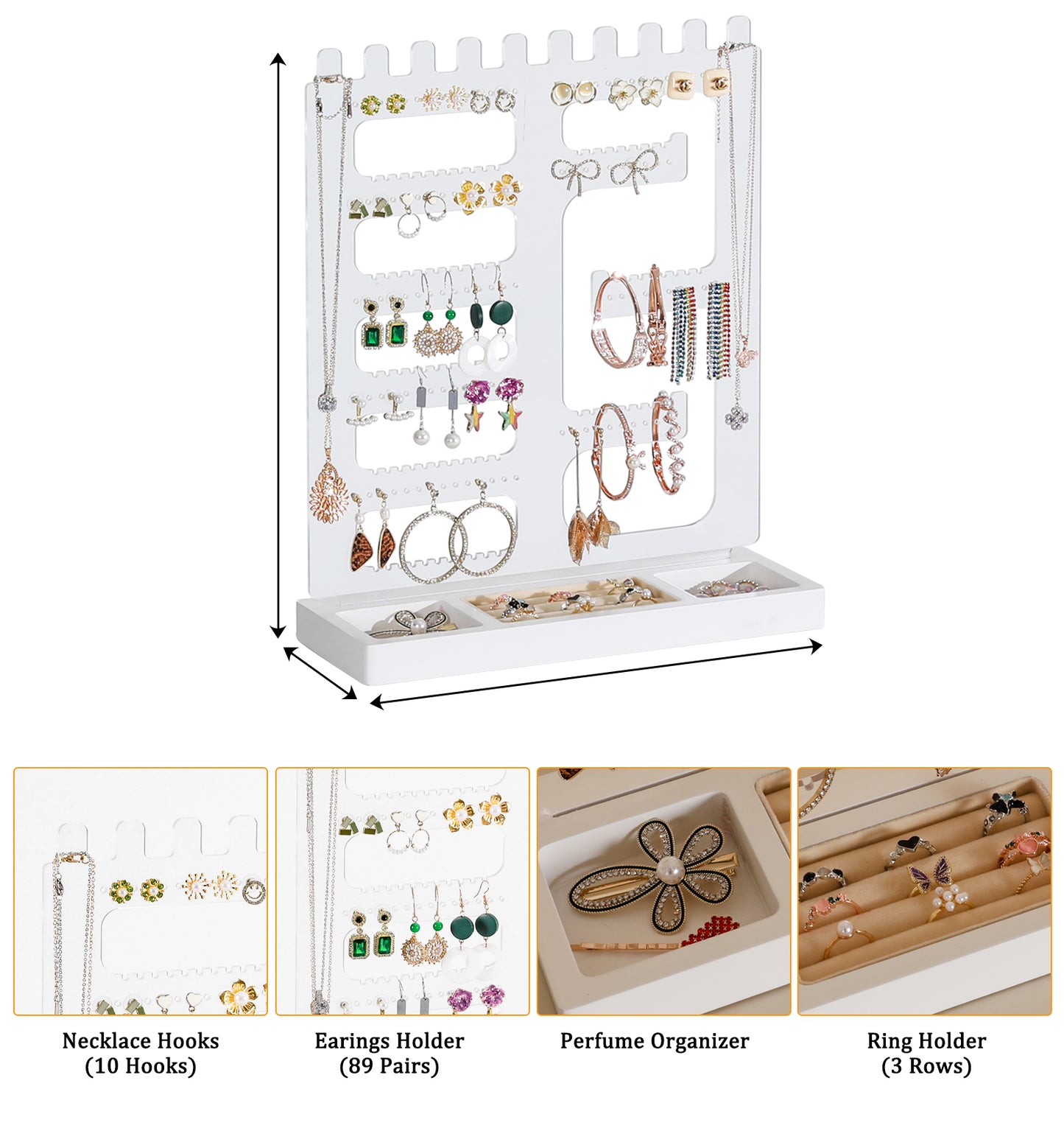TIOPGHAD 114 Holes Jewelry Display Holder Stand, Earring Acrylic Organizer with Wooden Tray Necklace Tree Towers Rack Ring Holder for Jewellery Stud Earrings Bracelets Rings(White)