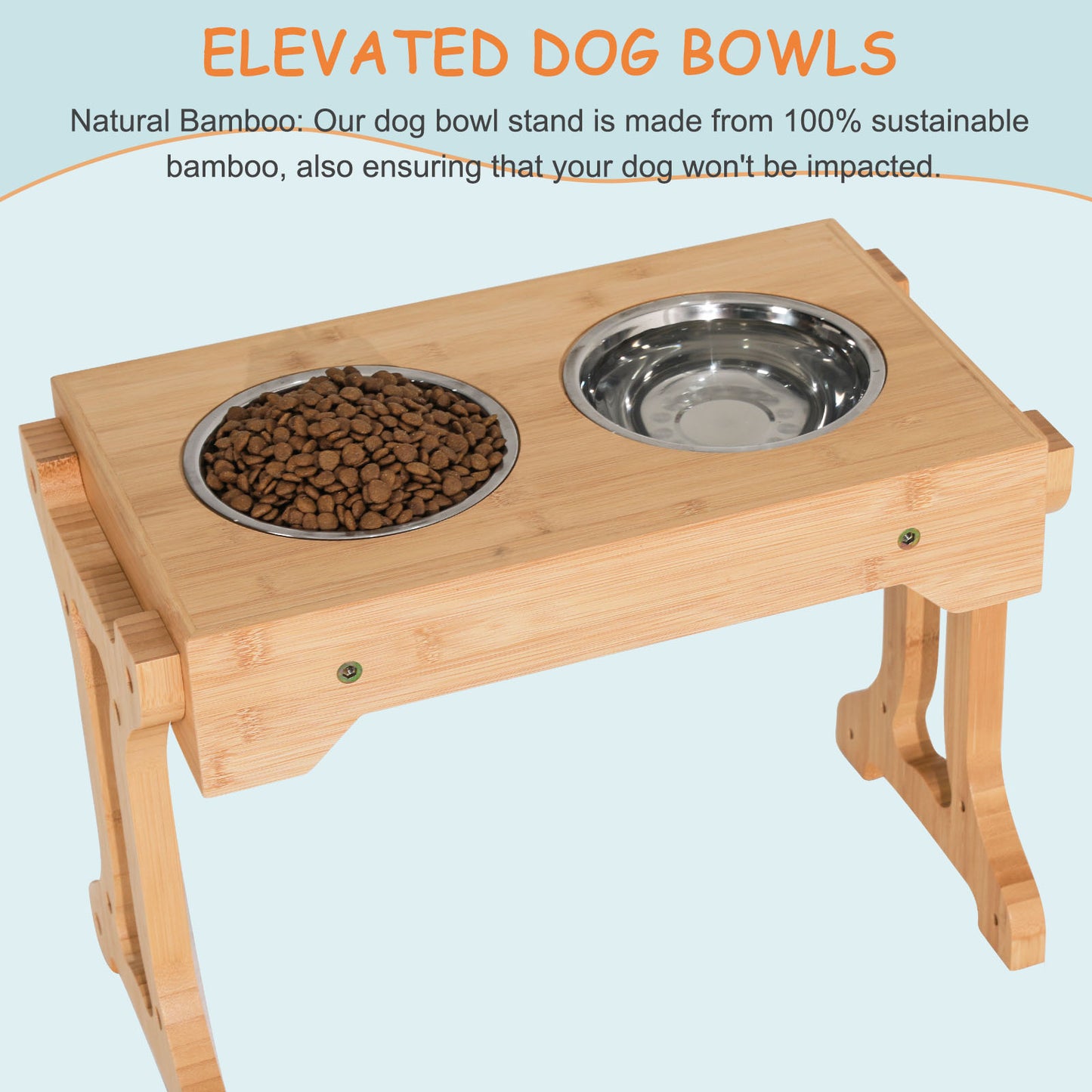 TIOPGHAD Elevated Dog Bowls 4 Height Adjustable Raised, Bamboo Dog Bowl Stand Feeder Set with 2 Food Water Bowls Feeding Station Stainless Steel Pet Dish with Stand for Small Medium Large Dogs CatsâŠ