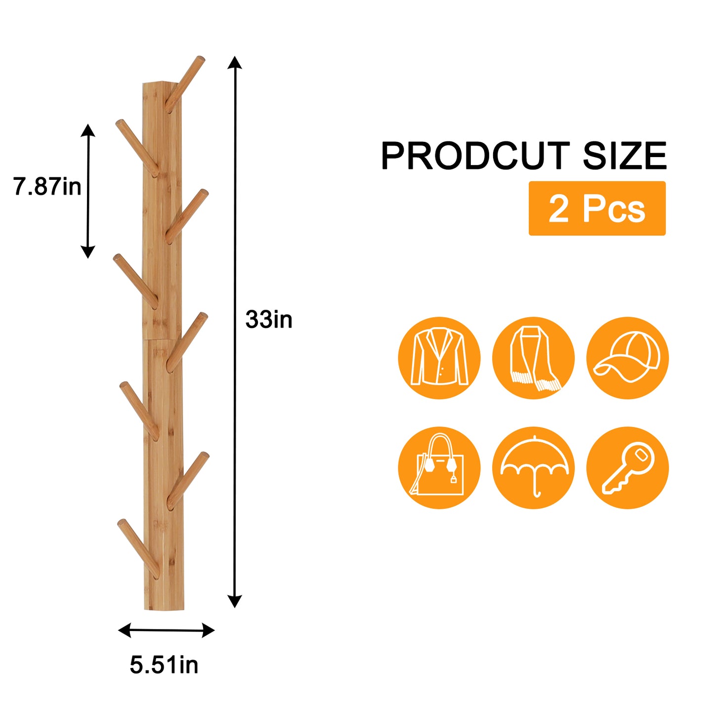 TIOPGHAD Wood-Wall-Mounted-Coat-Hooks, Bamboo Vertical Coats Rack Holder Hanger with 8 Hooks Entryway Hanging Wooden Racks for Hanging Jacket Coat Hat in Entryway Office Bathroom(2-Pack)