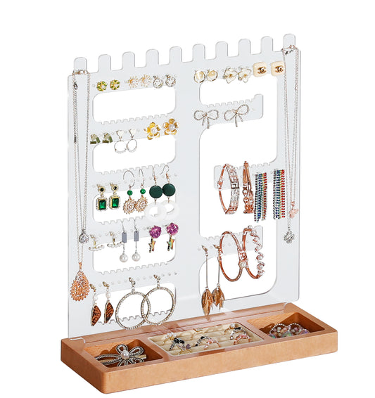 TIOPGHAD 114 Holes Jewelry Display Holder Stand, Earring Acrylic Organizer with Wooden Tray Necklace Tree Towers Rack Ring Holder for Jewellery Stud Earrings Bracelets Rings(Natural wood)
