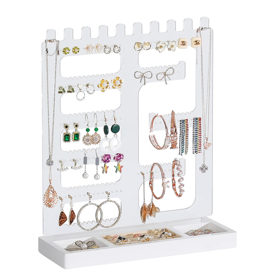 TIOPGHAD 114 Holes Jewelry Display Holder Stand, Earring Acrylic Organizer with Wooden Tray Necklace Tree Towers Rack Ring Holder for Jewellery Stud Earrings Bracelets Rings(White)