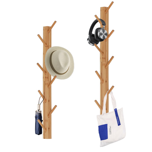TIOPGHAD Wood-Wall-Mounted-Coat-Hooks, Bamboo Vertical Coats Rack Holder Hanger with 8 Hooks Entryway Hanging Wooden Racks for Hanging Jacket Coat Hat in Entryway Office Bathroom(2-Pack)