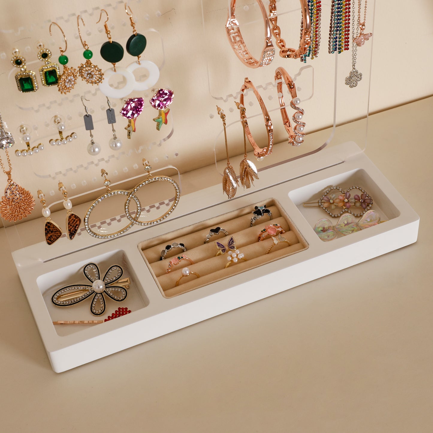 TIOPGHAD 114 Holes Jewelry Display Holder Stand, Earring Acrylic Organizer with Wooden Tray Necklace Tree Towers Rack Ring Holder for Jewellery Stud Earrings Bracelets Rings(White)