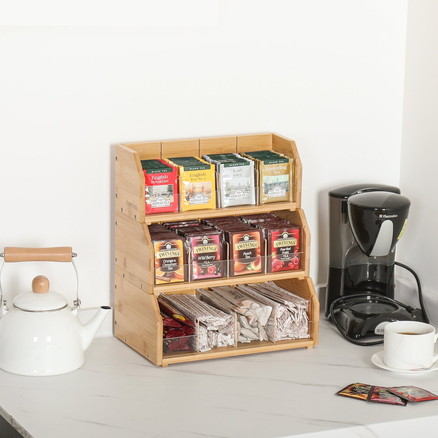 TIOPGHAD 𝟑 𝑳𝒂𝒚𝒆𝒓 𝑺𝒕𝒂𝒄𝒌𝒂𝒃𝒍𝒆 𝑩𝒂𝒎𝒃𝒐𝒐 Tea Bag Organizer Storage Holder for Tea Bags Wood Tea Box Containers Tea Rack Teabag Station Stand for Cabinet Countertop Office(Patented Design)