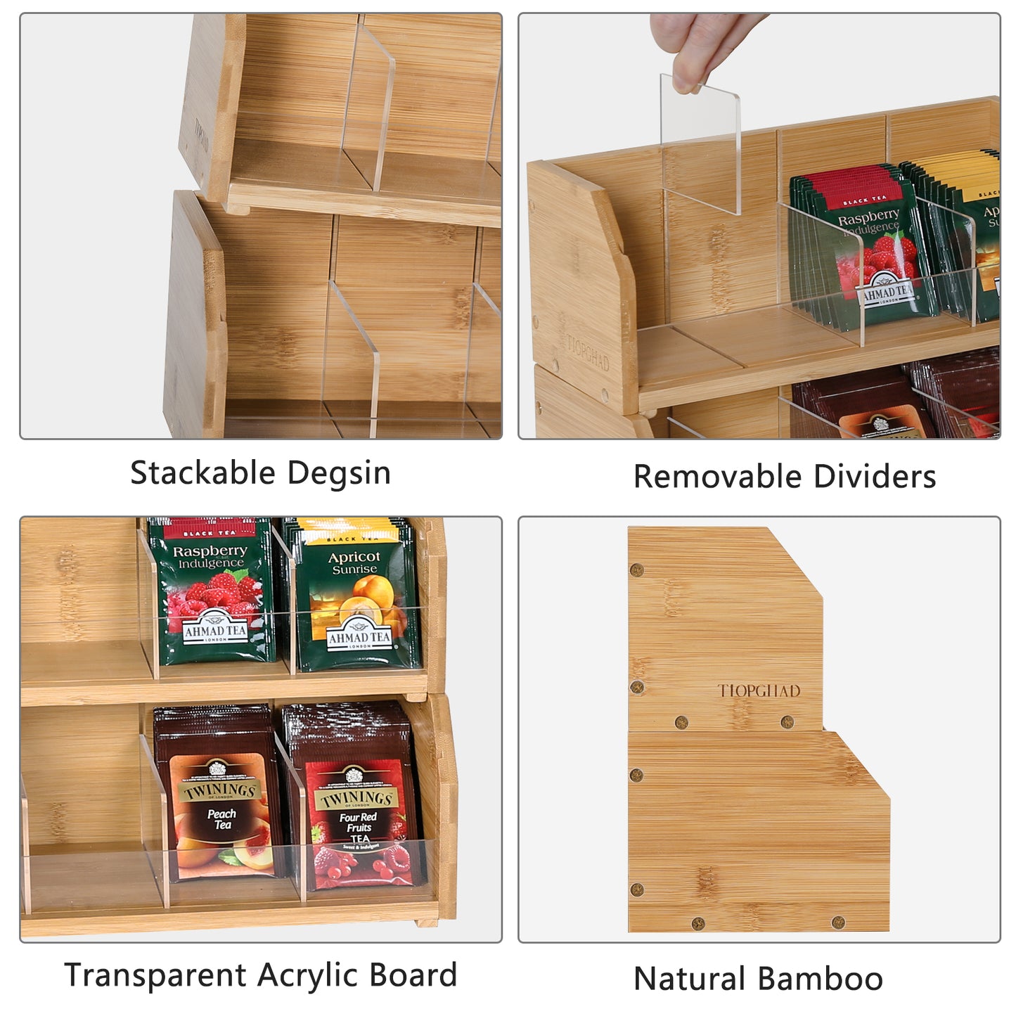 𝟐 𝑳𝒂𝒚𝒆𝒓 𝑩𝒂𝒎𝒃𝒐𝒐 Tea Bag Organizer, Tea Holder for Tea Bags Organizer Tea Bags Storage Box with Divider Stackable Vertical Teabag Rack Containers for Kitchen Countertop(Patented Design)