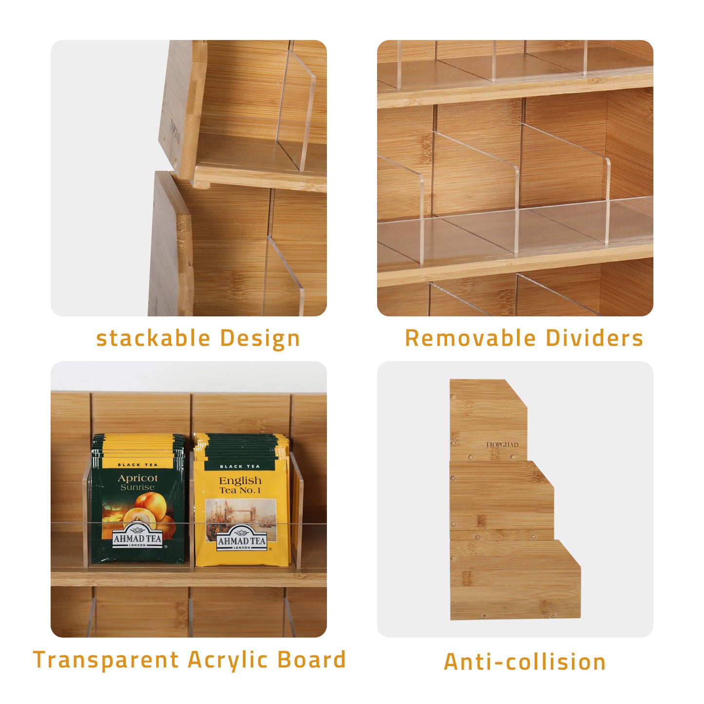 TIOPGHAD 𝟑 𝑳𝒂𝒚𝒆𝒓 𝑺𝒕𝒂𝒄𝒌𝒂𝒃𝒍𝒆 𝑩𝒂𝒎𝒃𝒐𝒐 Tea Bag Organizer Storage Holder for Tea Bags Wood Tea Box Containers Tea Rack Teabag Station Stand for Cabinet Countertop Office(Patented Design)