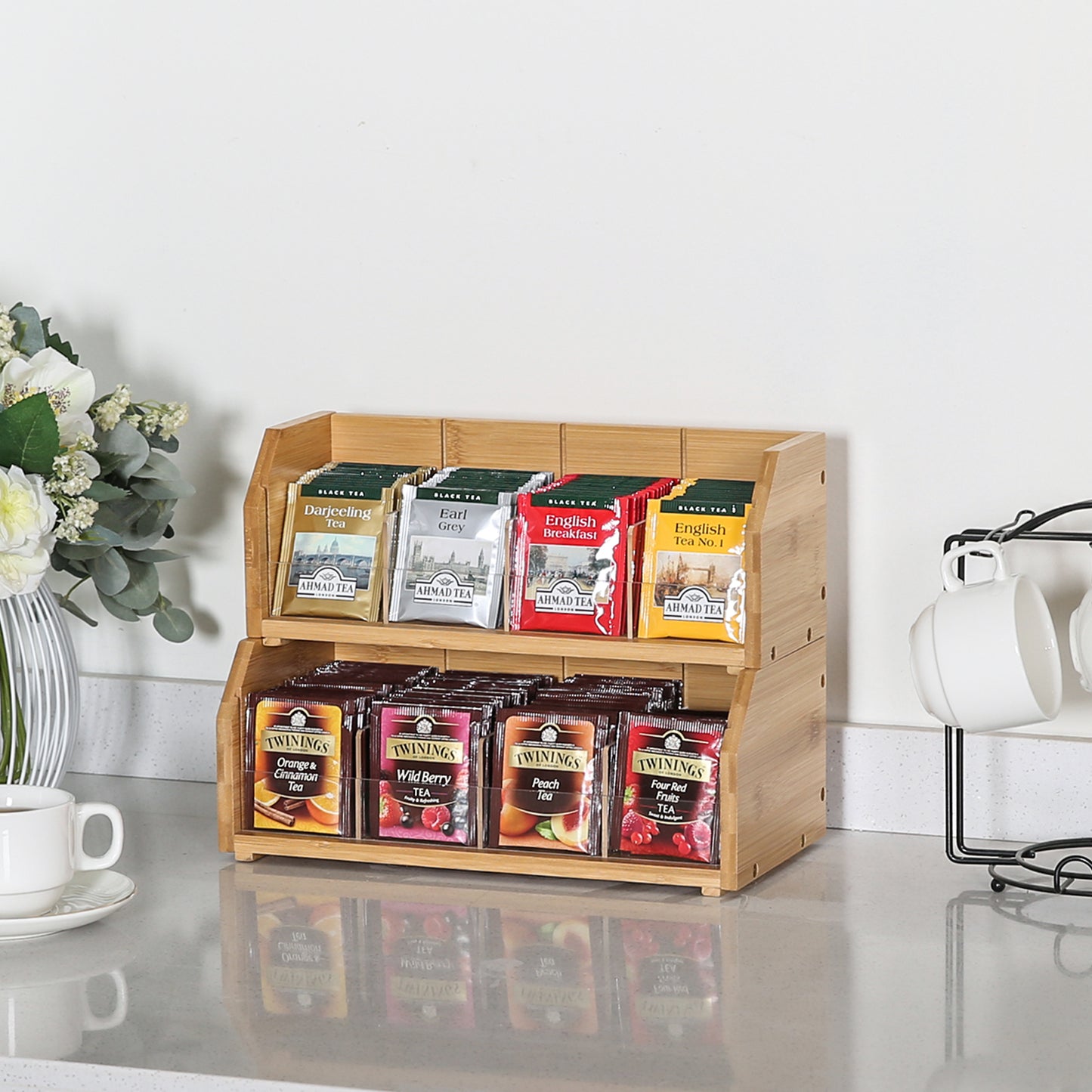 𝟐 𝑳𝒂𝒚𝒆𝒓 𝑩𝒂𝒎𝒃𝒐𝒐 Tea Bag Organizer, Tea Holder for Tea Bags Organizer Tea Bags Storage Box with Divider Stackable Vertical Teabag Rack Containers for Kitchen Countertop(Patented Design)
