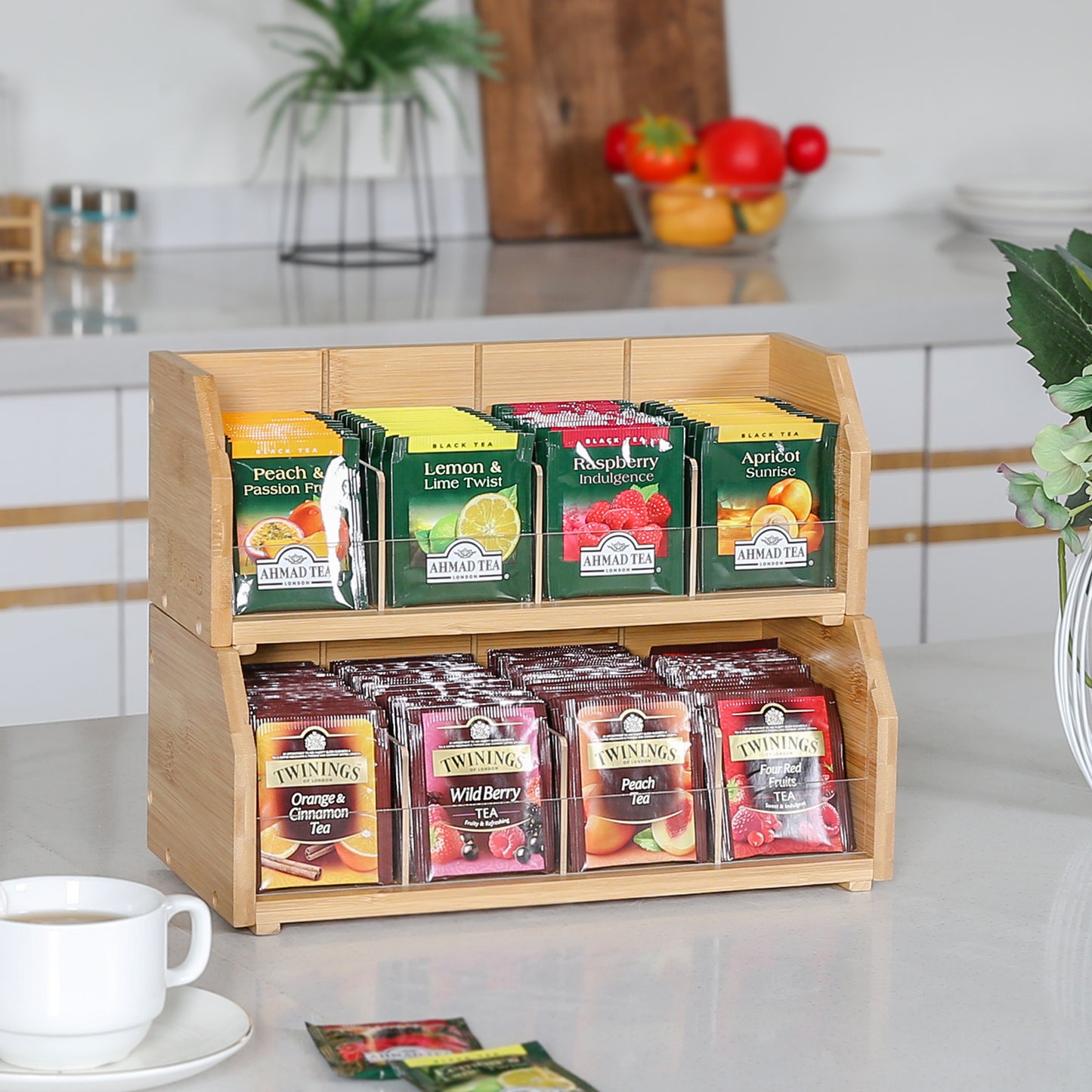 𝟐 𝑳𝒂𝒚𝒆𝒓 𝑩𝒂𝒎𝒃𝒐𝒐 Tea Bag Organizer, Tea Holder for Tea Bags Organizer Tea Bags Storage Box with Divider Stackable Vertical Teabag Rack Containers for Kitchen Countertop(Patented Design)