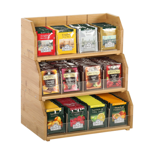 TIOPGHAD 𝟑 𝑳𝒂𝒚𝒆𝒓 𝑺𝒕𝒂𝒄𝒌𝒂𝒃𝒍𝒆 𝑩𝒂𝒎𝒃𝒐𝒐 Tea Bag Organizer Storage Holder for Tea Bags Wood Tea Box Containers Tea Rack Teabag Station Stand for Cabinet Countertop Office(Patented Design)